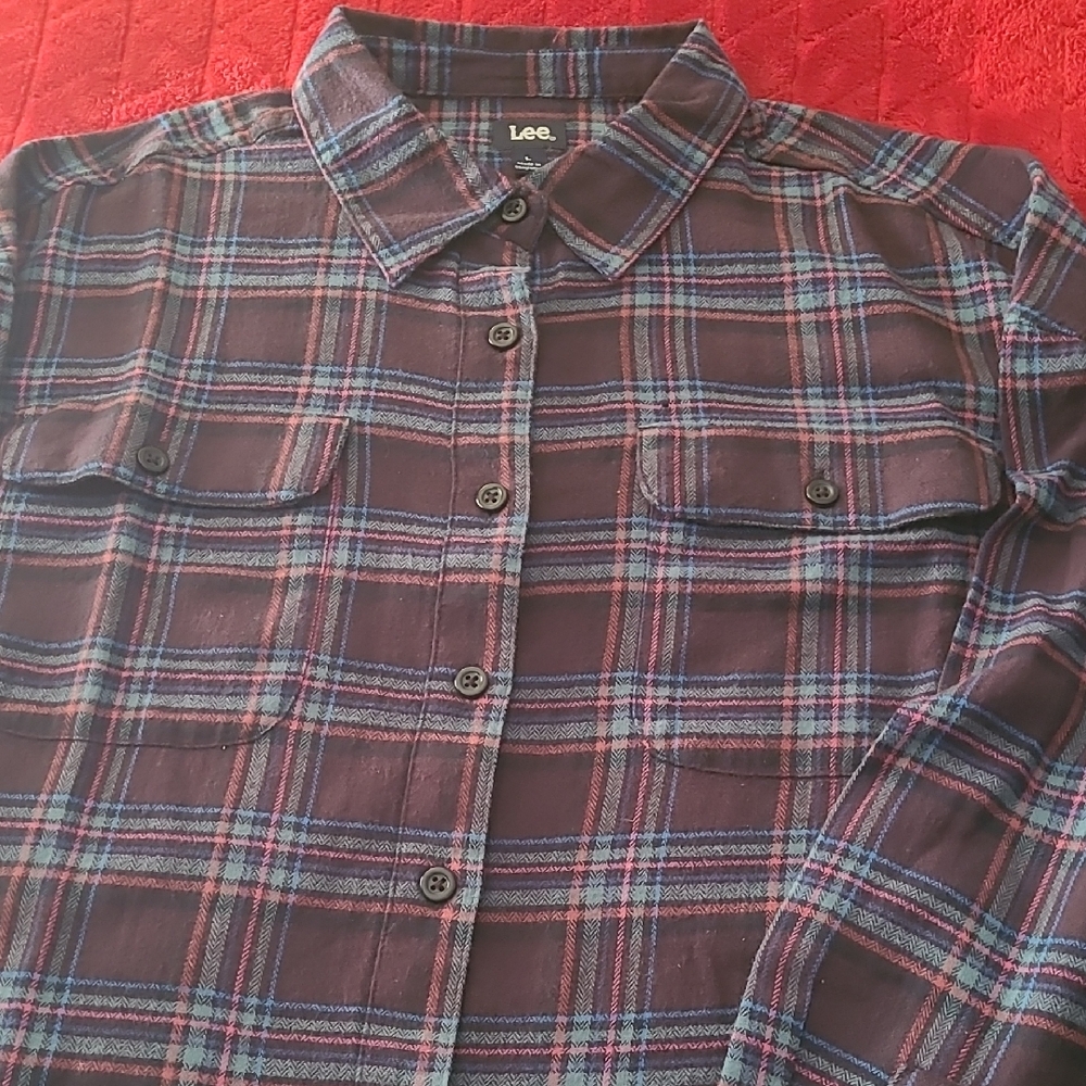 Lee Oversized Women's Casual Oversized Plaid Shirt - Brown and Blue Size Large